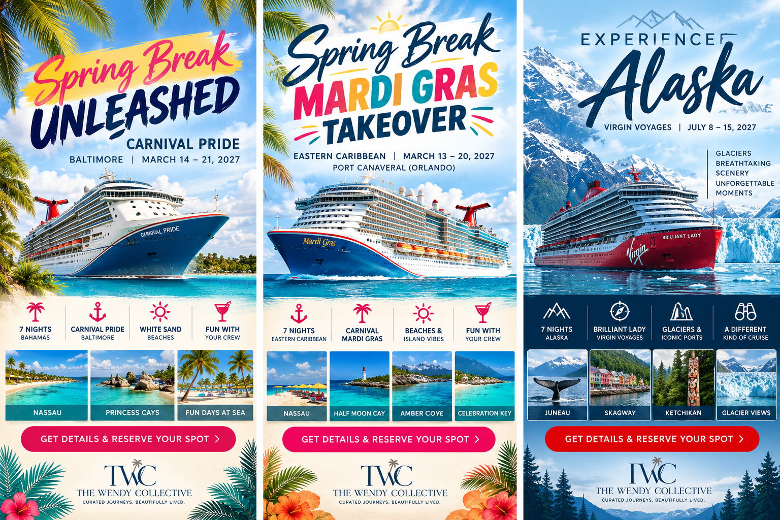 Promotional artwork for Spring Break Unleashed. Destination photographs are illustrative; see the itinerary below for confirmed ports.